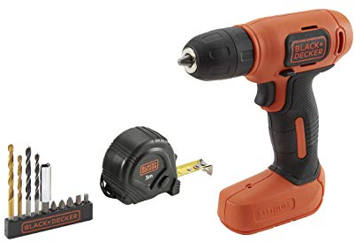 BLACK+DECKER BDCD8GPA Kit Taladro Atornillador BDCD8 Compacto 7.2V, Batería de 1.5 Ah Litio, Incluye con Cargador, Flexómetro de 3 mtrs, Brocas y Bolsa