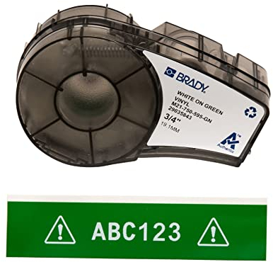 Brady Vinyl-Etiketten für Etikettendrucker M211 & M210 - Vinyl-Klebe-Druckeretiketten - Industrieetikettenband für Kabel/Namensetiketten - Weiß auf Grün (19.05mm x 6.40m) - M21-750-595-GN