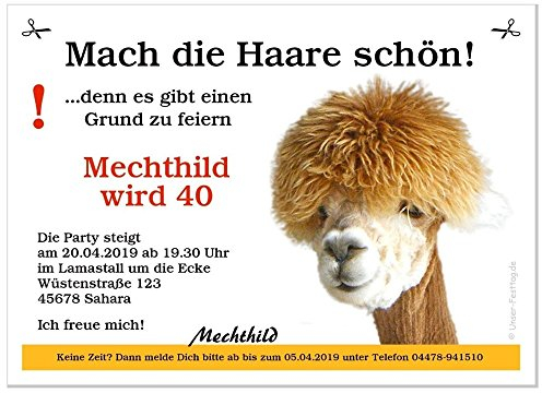 Unser-Festtag Lustige Einladungskarte zum Geburtstag, jedes Alter möglich 40,50,60,70, Text personalisiert. Witziger Spruch, Motiv Alpaka