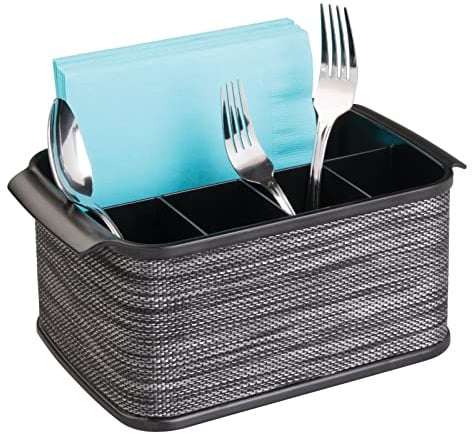 mDesign Besteckhalter mit Griffen – dekorativer Besteckkorb für Küche, Garten oder Picknick – mit großem Fach zur Aufbewahrung von Servietten – smoke/schwarz