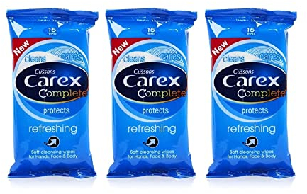 3x Cussons CAREX Refreshing Cleansing WIPES Hand Face & Body 15's Pocket Travel