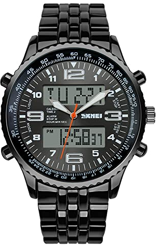 FENKOO Herren Sportuhr Japanischer Quartz LCD/Kalender/Chronograph/Wasserdicht/Duale Zeitzonen/Alarm Edelstahl Band Armbanduhr Schwarz