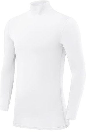 PowerLayer Boys' Compression Baselayer Top Long Sleeve - Crew Neck/Mock Neck - White Mock Neck, 10-12 Years (Boys Large)