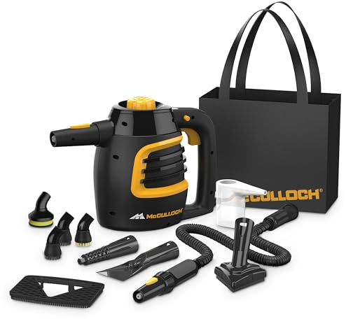 McCulloch MC1230 Handheld Steam Cleaner, 10 Minute Runtime, 11 Accessories: Jet Nozzle, Brushes, & More - Built for Home, Tile, Grout, Carpet, Furniture, & Personal Car Detailing