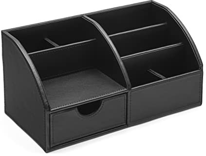 OSCO Black Faux Leather Desk Organiser with Drawer | Desk Tidy | Pen Holder | Makeup Container | Pencil Storage | 8 Compartments | Stationery Caddy | H14 x W29 x D14.5 cm |
