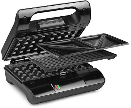 Princess 117002 Parrilla Compacta 3 en 1 con Placas Intercambiables con Gofrera y Sandwichera, Almacenamiento Vertical, 700 W, Negro