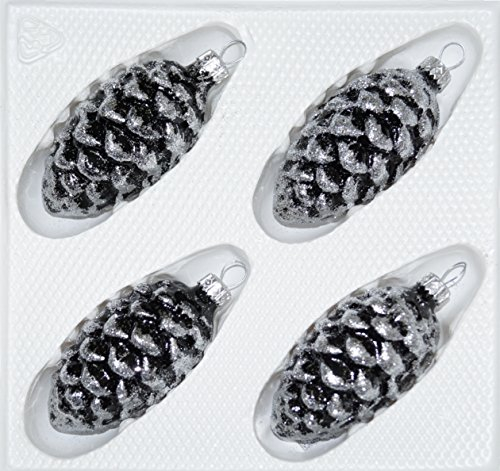 4 TLG. Glas-Tannenzapfen Set in Hochglanz-Schwarz-Silberne-Ornamente Neuheit - Christbaumkugeln - Weihnachtsschmuck-Christbaumschmuck