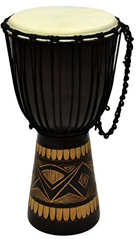 70 cm Djembe Trommel Buschtrommel Afrika-Style geschnitzt Handarbeit exotische Motive Schnüre Knoten Ziegenfell schwarz braun