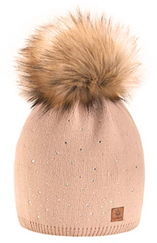 morefaz Wurm Winter Strickmütze Mütze Damen Kristalle Kiesel mit Große Bommel Pompon l SKI (Beige) (MFAZ Ltd)