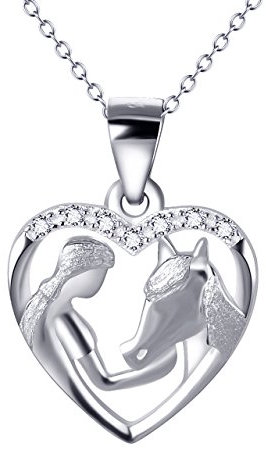 YFN Mädchen und Pony 925 Sterling Silber Zirkonia Herzform Anhänger Halskette