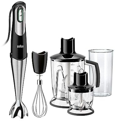Braun MultiQuick 7 Hand Blender MQ7o45 Aperitif, Variable Speed Control, Anti Splash, Includes 4 Attachments; 350 ml Chopper, 1.25 Litre Blender, Whisk and BPA-Free Plastic Beaker - Black