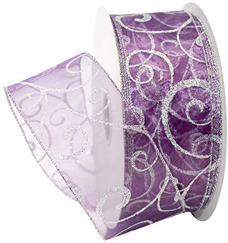 Morex Ribbon 7416.60/50-610 Swirl 6,3 cm x 45,7 m Nylon Sheer Curling Wired Glitter Ribbon Purple/Silver Holiday Ribbons for Crafts and Christmas Decorations, Indoor Christmas Ribbon for Gift Wrapping
