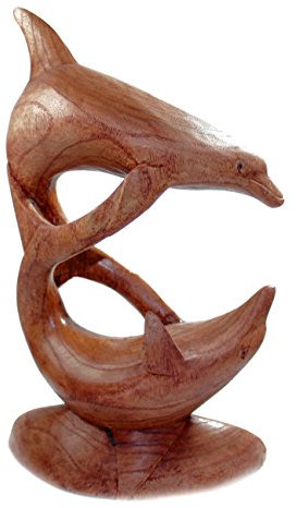 budawi® - Holzskulptur Delfin spielend Höhe ca. 20 cm, Holzfigur Delfine, Kunsthandwerk aus Bali