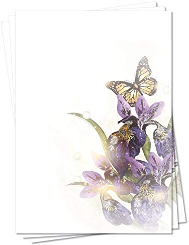 Motiv Briefpapier (Blumen-5131, DIN A4, 100 Blatt) Motivpapier Schmetterlinge Tau Schwertlilien grün violett lila Blumen