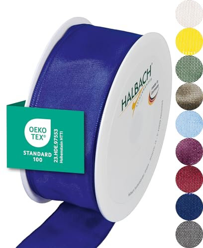 Halbach Seidenbänder Premium Geschenkband mit Drahtkante | Breite 40mm Länge 25m | Öko-Tex 100 zertifiziertes Schleifenband | Taftband Made in Germany, Farbe: blau