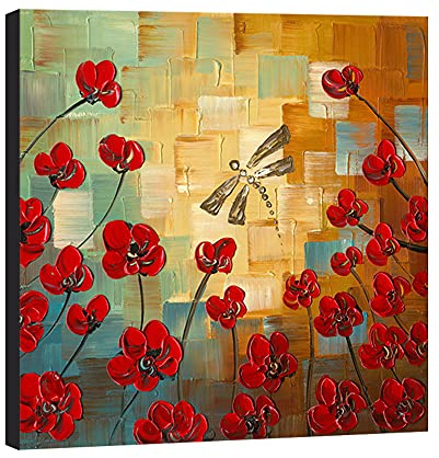 Wieco Art Modernes Ölgemälde mit Blumen und Libelle, 100 % handgemalt, gespannt und gerahmt, Blumengemälde auf Leinwand, Wandgemälde, fertig zum Aufhängen, für Schlafzimmer, Küche, Esszimmer, Deko für Ihr Zuhause