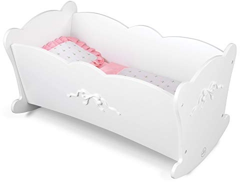 KidKraft Tiffany Bow Scalloped-Edge Wooden Lil Doll Rocking Cradle with Comforter, Pad and Pillow - White, Gift for Ages 3+