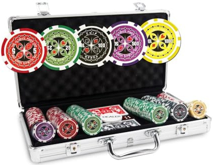 Pokeo Pokerkoffer 300 Chips Pokerset – 11,5g PP-Chips, 2 Kartendecks, 5 Würfel, Dealer-Button – Abschließbarer Alu-Koffer Texas Holdem Casino Set