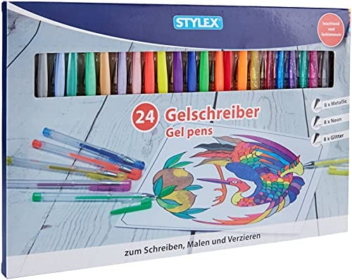 Stylex 43834 - Gelschreiber, 24 Gelstifte im Set, sortiert in 8 Metallicfarben, 8 Neonfaben und 8 Glitterfarben, zum Schreiben, Malen und Verzieren