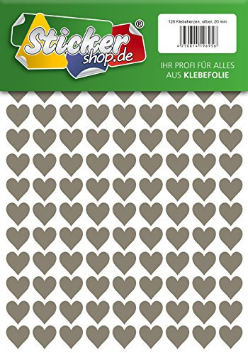 126 Klebeherzen, 20 mm, silber, aus PVC Folie, wetterfest, Herz Sticker Aufkleber