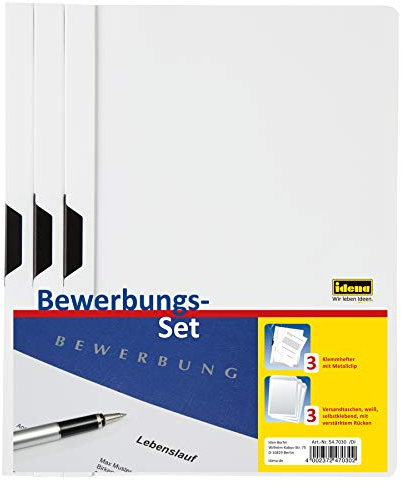 Idena 547030 - Bewerbungs-Set, 3 Klemmhefter und 3 Versandtaschen, weiß