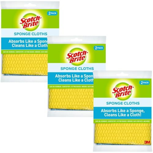 Scotch-Brite Sponge Cloth – 6-Pack (3 Packs of 2 Each), Reusable and Washable, Highly Absorbent, Multi-Purpose Cleaning Cloths