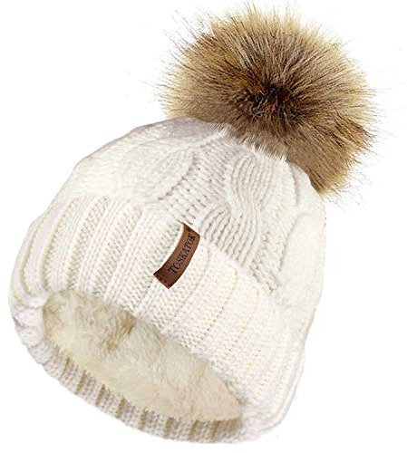 TOSKATOK Donna Chunky Morbido Cavo a Maglia Cappello con Fodera in Pile Accogliente e Staccabile in Pelliccia Sintetica-Cream