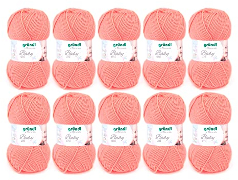 Gründl Wolle Baby uni - weiche Wolle zum Häkeln und Stricken - Babywolle - Babygarn - Weich und hautfreundlich - 70 % Polyacryl,30 % Polyamid - 10 Knäuel 50 g / 150 m - Nadelstärke 3,5 -4,5 - Aprikose
