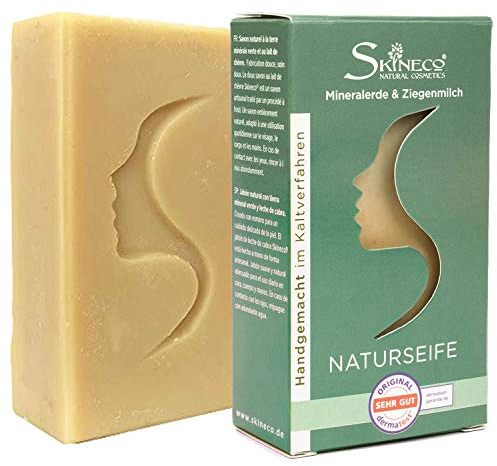 Ziegenmilchseife mit grüner Mineralerde – Handgemachte Naturseife ohne Duftstoffe für Gesicht, Körper & Hände – Skineco Stückseife – Sanfte Reinigung bei unreiner Haut – Naturkosmetik