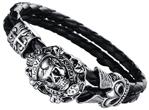 Cupimatch Bracelet Homme Crâne Tête de Mort Gravé Love,Punk Rock Bijoux Fantaisie Gothique en Cuir et Acier Inoxydable pour Adolescent et Garçon(Noir Argent)