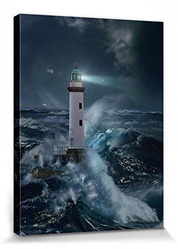 1art1 Leuchttürme Poster Leuchtturm Bei Sturm Im Mondlicht Bilder Leinwand-Bild Auf Keilrahmen | XXL-Wandbild Poster Kunstdruck Als Leinwandbild 40x30 cm