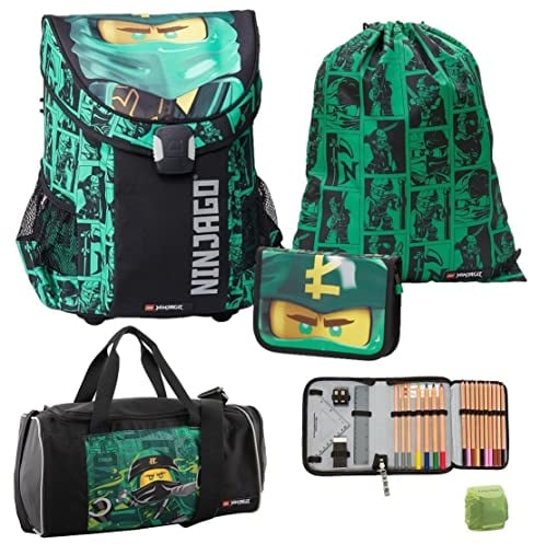 Familando Lego Ninjago Schulranzen Set 5tlg. Easy School Bag Green mit Federmappe gefüllt, Turnbeutel, Regenschutz und großer Sporttasche Lloyd Spinjitzu