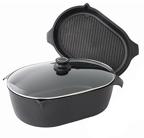 AMT Gastroguss 3er-Set Bräter, bestehend aus Bräter, Gußbräterdeckel mit Grillboden & Glasdeckel, 42 x 28 cm, induktionsgeeignet, Lotan® Antihaft-Veredelung, Gusspfanne (Aluguss), AMZN-I-4228-Set