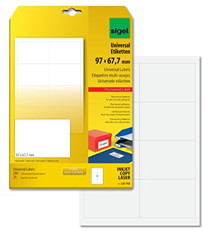 SIGEL LA142 Universal-Etiketten selbstklebend, bedruckbar, weiß, 97 x 67,7 mm, 200 Etiketten = 25 Blatt