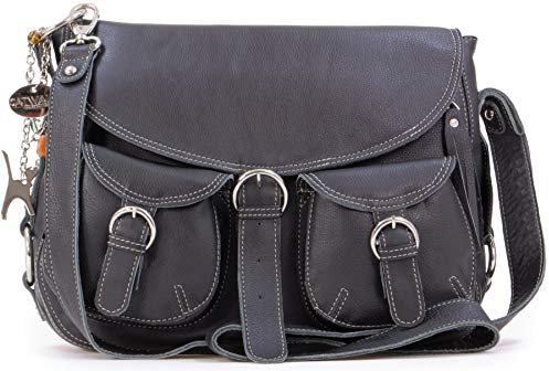 Catwalk Collection Handbags - Damen Leder Umhängetasche - Crossbody Bag/Handtasche Groß - Für Notizbuch A5 - Verstellbarer Gurt - COURIER - Schwarz