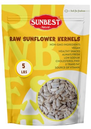 Sunbest Natural Raw Sunflower Seeds, 5 lbs – Unsalted & No Shell – Bulk Sunflower Seed Kernels to Eat – For Snacking, Baking & Topping – Road Trip, After School Snack for Kids & Adults – Kosher (80 oz)