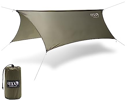ENO Profly Regenplane Olive 70 Denier Rip Stop Nylon 1000 mm PU Beschichtung Sechspunkt Abspannsystem Doppelnähte und getapte Nähte Line Loc Abspannspanner Gewicht 680 g Schutz vor den Elementen