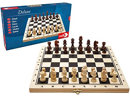 noris 606108014 Deluxe Schach, der beliebte Spieleklassiker aus Holz mit großen Holzfiguren, auch für unterwegs geeignet, ab 6 Jahren, Braun,beige