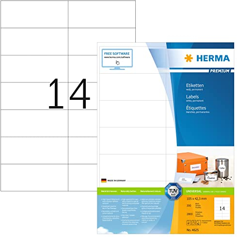 HERMA 4625 Universal Etiketten, 200 Blatt, 105 x 42,3 mm, 14 pro A4 Bogen, 2800 Stück, selbstklebend, bedruckbar, matt, blanko Papier Klebeetiketten Aufkleber, weiß