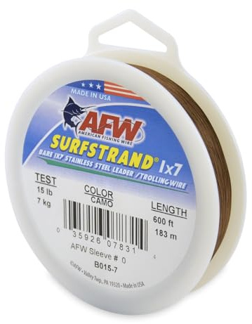 American Fishing Wire Surfstrand Bare Edelstahlvorfachschnur für Salzwasser, 9 kg getestet, 147,4 kg getestet, Tarnmuster in 9 m, 91 m, 182,9 m und 0,3 m Länge, 1 x 7 cm