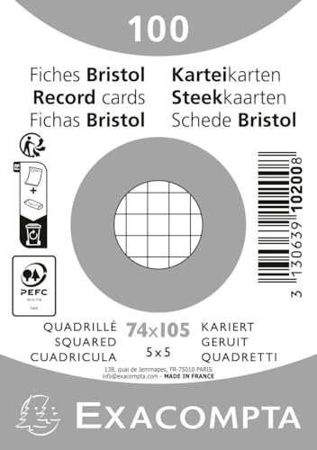 Exacompta - Réf. 10200SE - Carton de 40 paquets de 100 fiches bristol quadrillées 5x5 non perforées - sous film -format 74 x 105 mm - couleur blanc