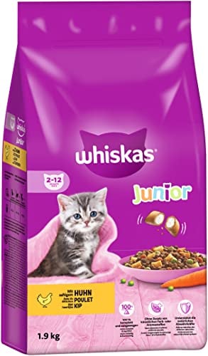 Whiskas Junior Katzentrockenfutter mit Huhn, 6 Beutel, 6x1,9kg – Trockenfutter für heranwachsende Katzen, kleine Kibbles für Kätzchen von 2-12 Monaten- unterschiedliche Produktverpackungen erhältlich