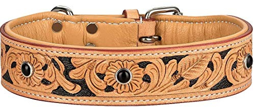 MICHUR Jose Hundehalsband Leder, Lederhalsband Hund, Halsband, Beige, Leder, mit gefärbten Bereichen in Schwarz und Schwarzen Steinen, in verschiedenen Größen erhältlich