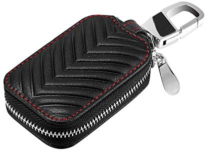 KUMEED Black Genuine Leather Car Smart KeyChain Coin Holder Cover Pouch Remote Key Chains Fob Bag Keyring Wallet Zipper Case (Black, Small)