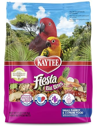 Kaytee Fiesta Big Bites Small Parrot & Conure Food, Nutritious and Fun Blend, Supports Skin, Feather, Digestion, Brain and Heart Health, 4 pounds