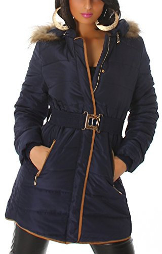 Jela London Damen Steppmantel Steppjacke Capuchon Winter Kurz-Mantel Parka Kapuze Kunst-Fell Fellimitat Knopfleiste Gürtel Leichter Wetlook, Blau 34 36 (M)