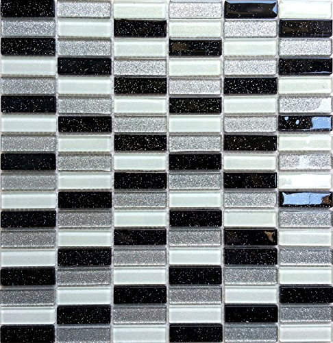 1m² Black Silver White Glass Mosaic Tile Sheet with Multicolour Glitter (MT0028)