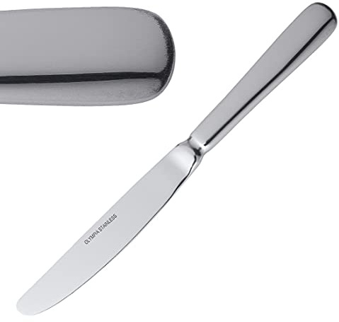 Olympia Baguette Stainless Steel Table Knives 230mm, Pack of 12 | Comfortable, balanced handles feel solid in the hand, offering a classic tabletop style for busy professional settings.