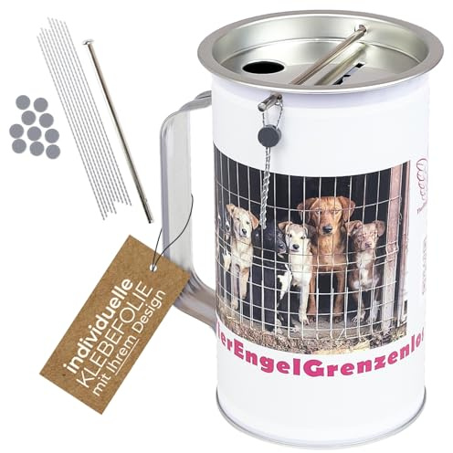 HMF Spendendose mit Griff individuell Bedruckt für Vereine und gemeinnützige Organisationen, Spendenbox aus Blech mit Münzschlitz und Scheineinwurf für Geldspenden | 1 Stück | Ø 8 cm x 14,5 cm