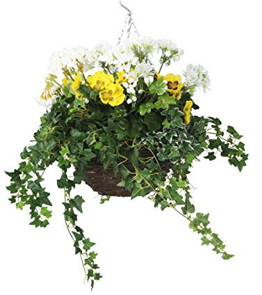 Closer2Nature Artificial Yellow and White Pansy and Geranium Display in a 14 Round Willow Hanging Basket - Artificial Bedding Plug Plant and Display Range